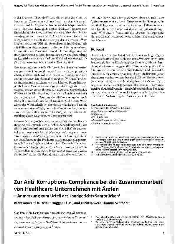 Vorschauseite 1: Zur Anti-Korruptions-Compliance bei der Zusammenarbeit von Healthcare-Unternehmen mit Ärzten-Anmerkung zum Urteil des Landgerichts Saarbrücken1
