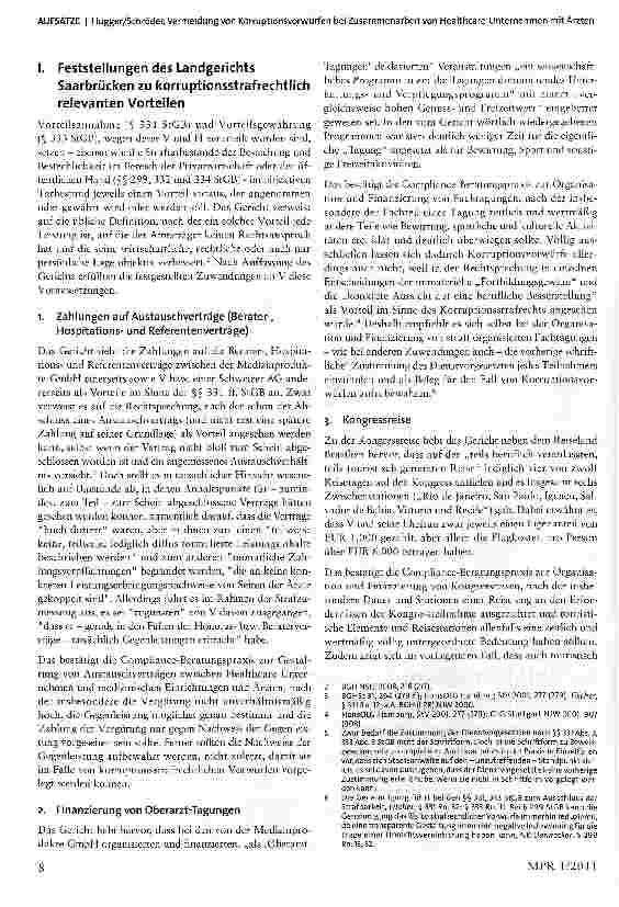 Vorschauseite 2: Zur Anti-Korruptions-Compliance bei der Zusammenarbeit von Healthcare-Unternehmen mit Ärzten-Anmerkung zum Urteil des Landgerichts Saarbrücken1