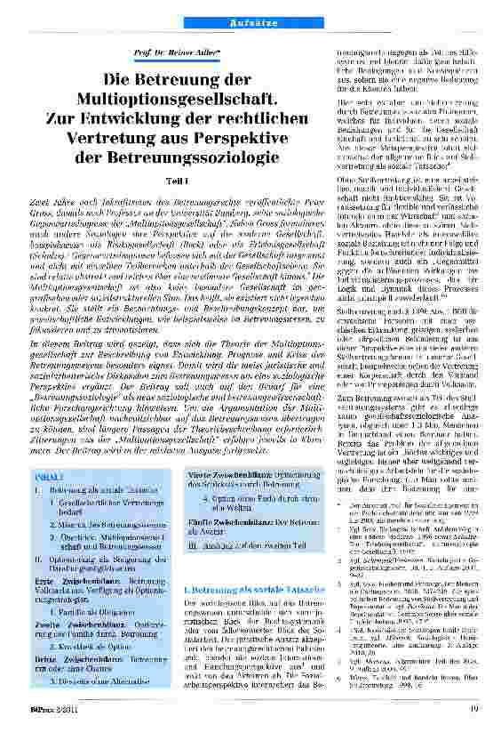 Vorschauseite 1: Die Betreuung der Multioptionsgesellschaft. Zur Entwicklung der rechtlichenVertretung aus Perspektive der Betreuungssoziologie Teil l