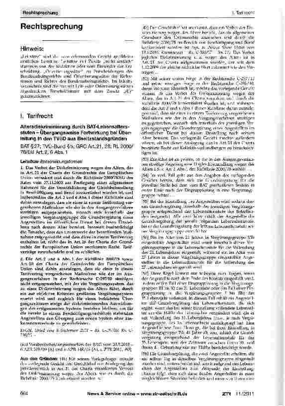 Vorschauseite 1: Altersdiskriminierung durch BAT-Lebensalters-stufen - Übergangsweise Fortwirkung bei Überleitung in den TVöD aus BesitzstandsgründenBAT §27; TVÜ-Bund §5; GRC Art. 21, 28; RL2000/…