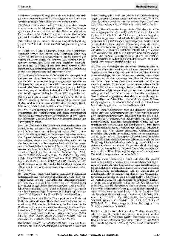 Vorschauseite 2: Altersdiskriminierung durch BAT-Lebensalters-stufen - Übergangsweise Fortwirkung bei Überleitung in den TVöD aus BesitzstandsgründenBAT §27; TVÜ-Bund §5; GRC Art. 21, 28; RL2000/…