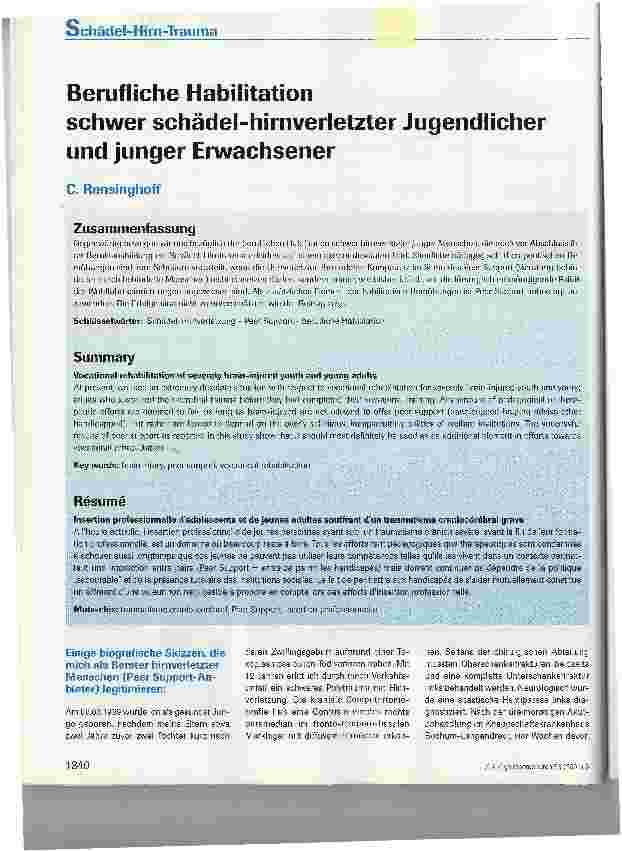 Vorschauseite 1: Berufliche Habilitation schwer schädel-hirn verletzter Jugendlicher und junger Erwachsener