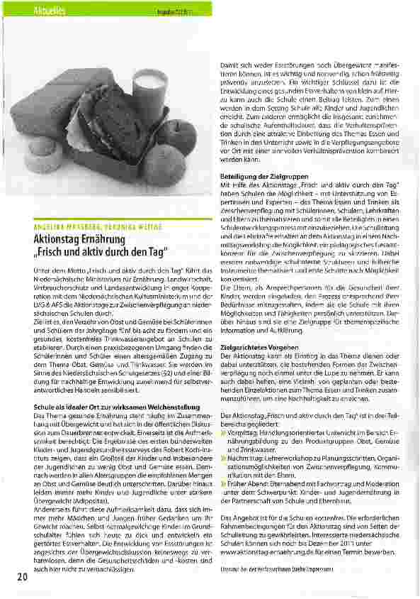 Vorschauseite 1: Aktionstag Ernährung „Frisch und aktiv durch den Tag