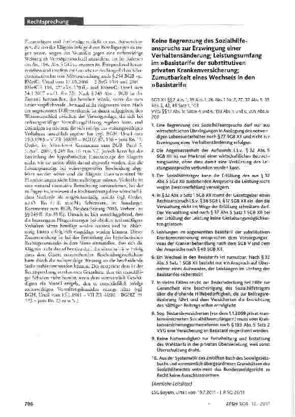 Vorschauseite 1: Keine Begrenzung des Sozialhilfeanspruchs zur Erzwingung einer Verhaltensänderung; Leistungsumfang im »Basistarif« der substitutiven privaten Krankenversicherung; Zumutbarkeit ein…