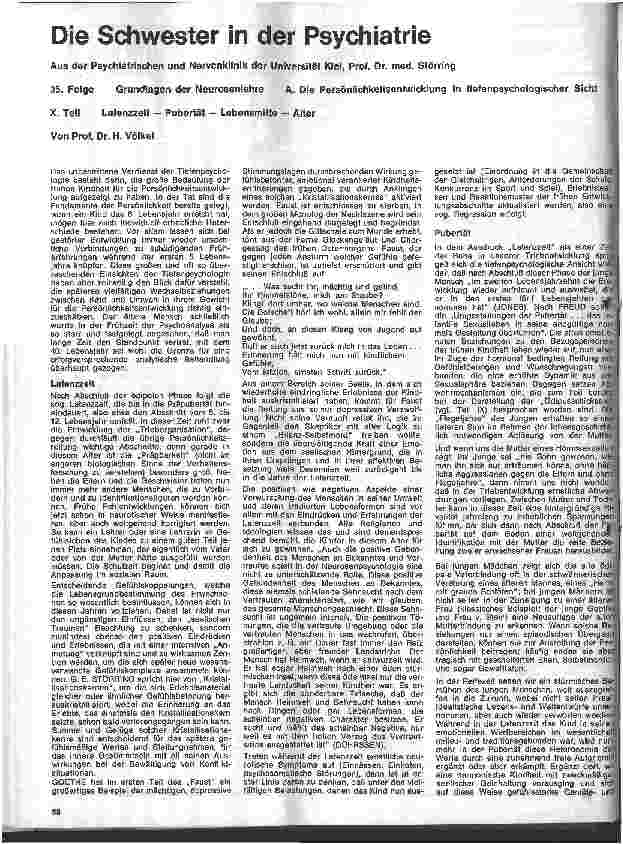 Vorschauseite 1: Die Schwester in der Psychiatrie 35. Folge: Grundlagen der Neurosen lehre A. Persönlichkeitsentwicklung in tiefenpsychologischer Sicht