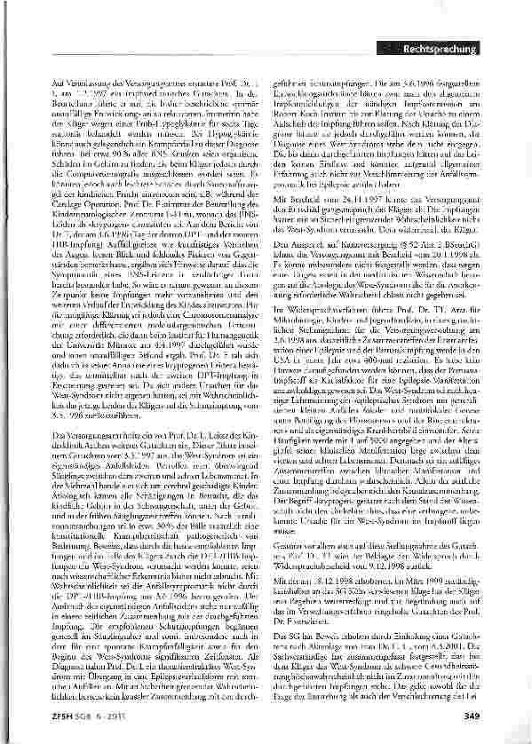 Vorschauseite 2: Anerkennung eines Gesundheitsschadens (hier: Epilepsie bei West-Syndrom) als Folge von Mehrfachimpfungen; Kausalität; mehrfache Anträge nach §109 SCG