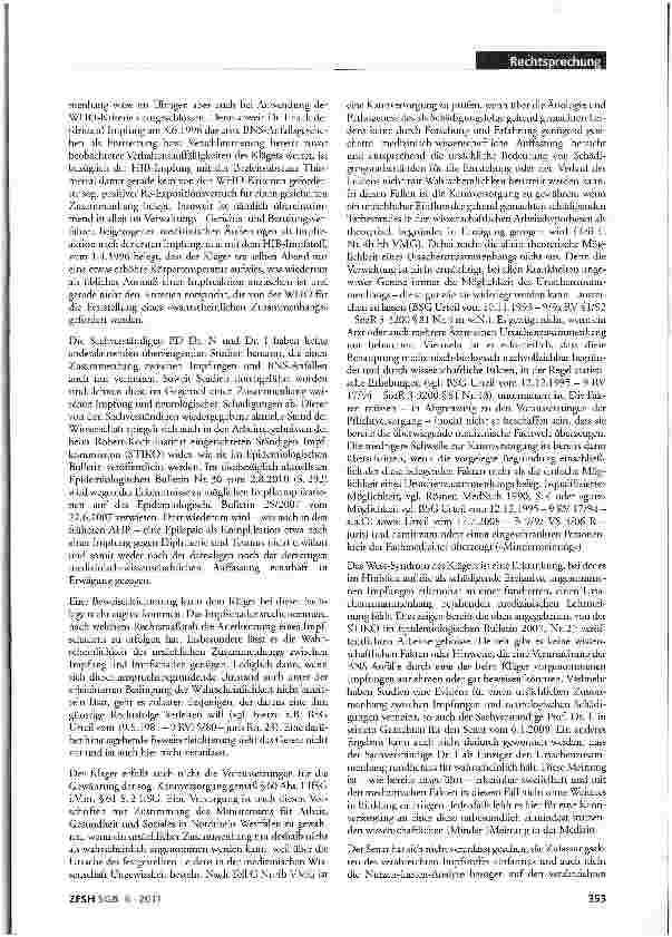 Vorschauseite 6: Anerkennung eines Gesundheitsschadens (hier: Epilepsie bei West-Syndrom) als Folge von Mehrfachimpfungen; Kausalität; mehrfache Anträge nach §109 SCG