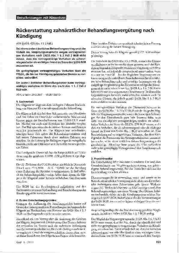 Vorschauseite 1: Rückerstattung zahnärztlicher Behandlungsvergütung nach Kündigung