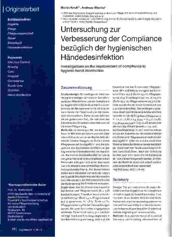 Vorschauseite 1: Untersuchung zur Verbesserung der Compliance bezüglich der hygienischen Händedesinfektion