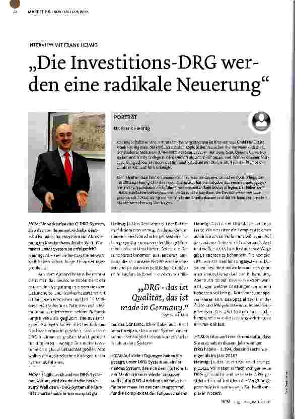 Vorschauseite 1: INTERVIEW MIT FRANK HEIMIG „Die Investitions-DRG werden eine radikale Neuerung