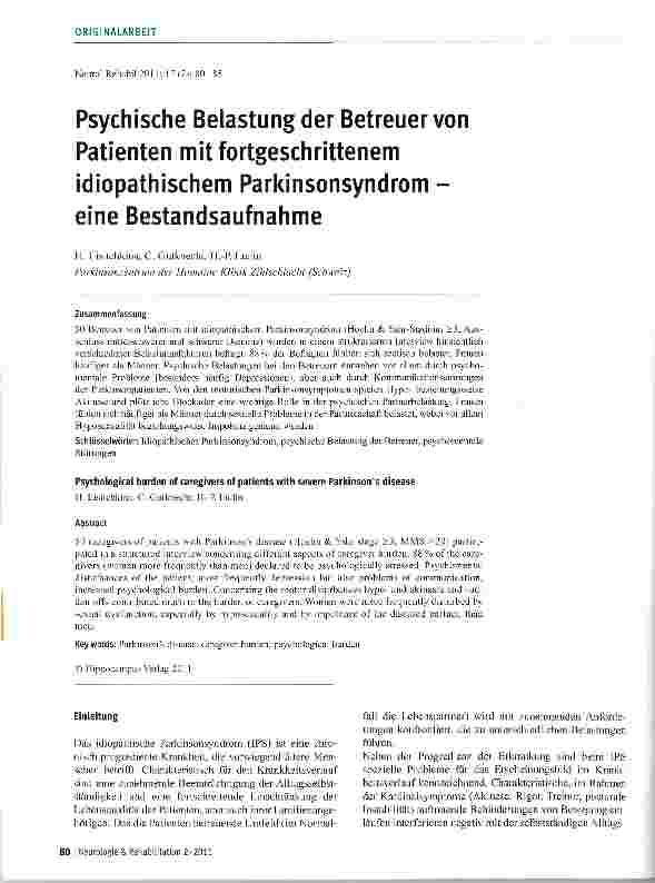 Vorschauseite 1: Psychische Belastung der Betreuer von Patienten mit fortgeschrittenem idiopathischem Parkinsonsyndrom -eine Bestandsaufnahme