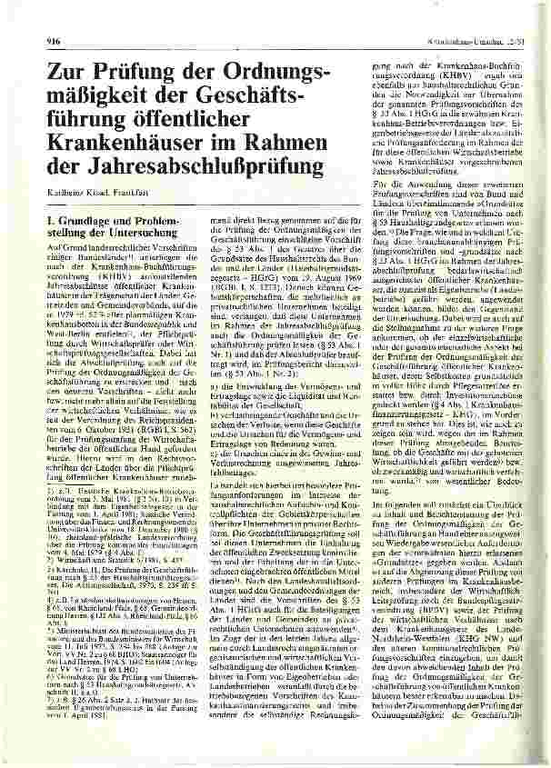 Vorschauseite 1: Zur Prüfung der Ordnungsmäßigkeit der Geschäftsführung öffentlicher Krankenhäuser im Rahmen der Jahresabschlußprüfung