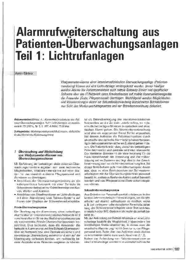 Vorschauseite 1: Alarmrufweiterschaltung aus Patienten-Überwachungsanlagen Teil 1: Lichtrufanlagen