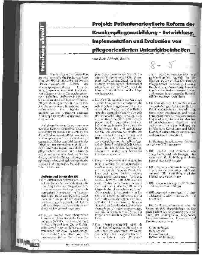 Vorschauseite 1: Projekt: Patientenorientierte Reform der Krankenpflegeausbildung Entwicklung, Implementiation und Evalution von pflegeorientierten ..