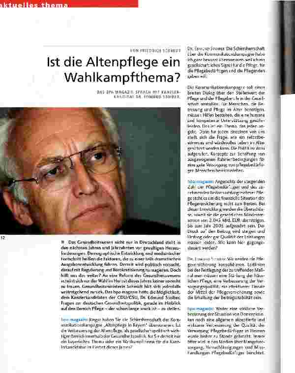 Vorschauseite 1: Ist die Altenpflege ein Wahlkampfthema? Das bpa magazin sprach mit Kanzler-Kandidat Dr. Edmund Stoiber