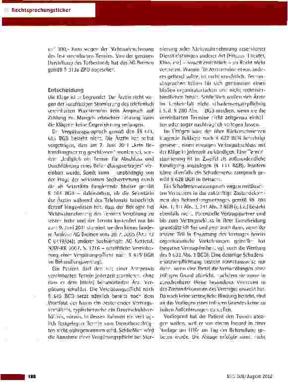 Vorschauseite 2: Vergütungspflicht bei Stornierung eines Arzttermins AG Bremen vom 9.2.2012