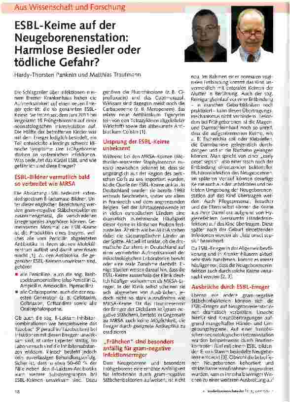 Vorschauseite 1: ESBL-Keime auf der Neugeborenenstation: Harmlose Besiedler oder tödliche Gefahr?
