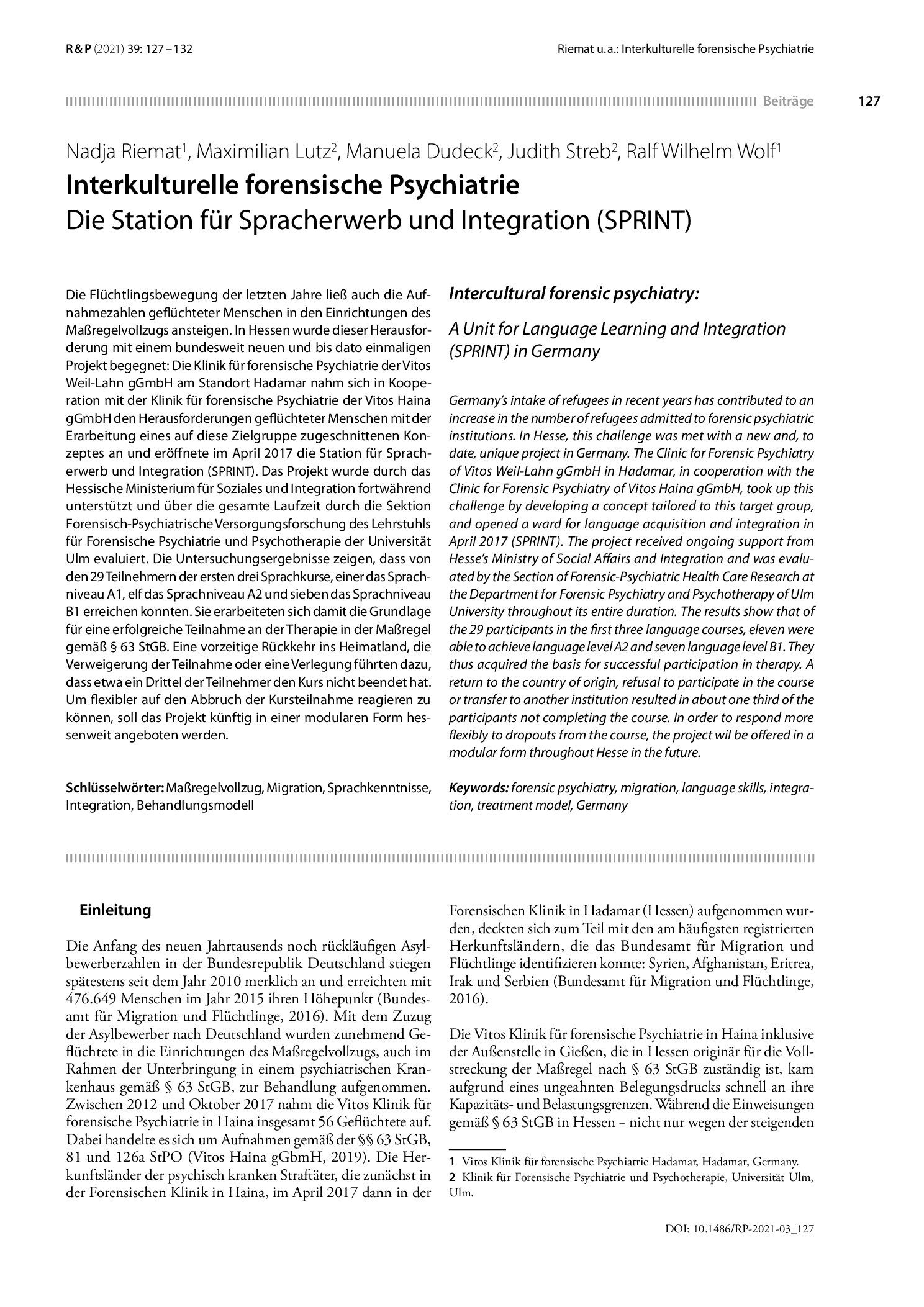 Vorschauseite 1: Interkulturelle forensische Psychiatrie: Die Station für Spracherwerb und Integration (SPRINT)