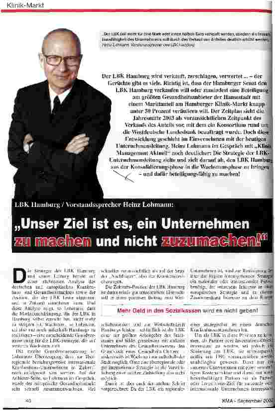 Vorschauseite 1: LBK Hamburg: Unser Ziel ist es, ein Unternehmen zu machen und nicht zuzumachen !