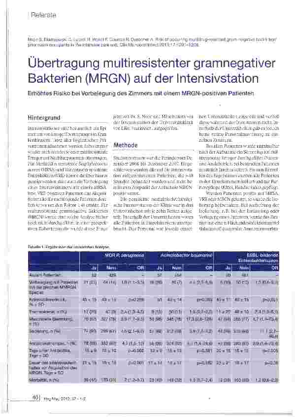 Vorschauseite 1: Übertragung multiresistenter gramnegativer Bakterien (MRGN) auf der Intensivstation