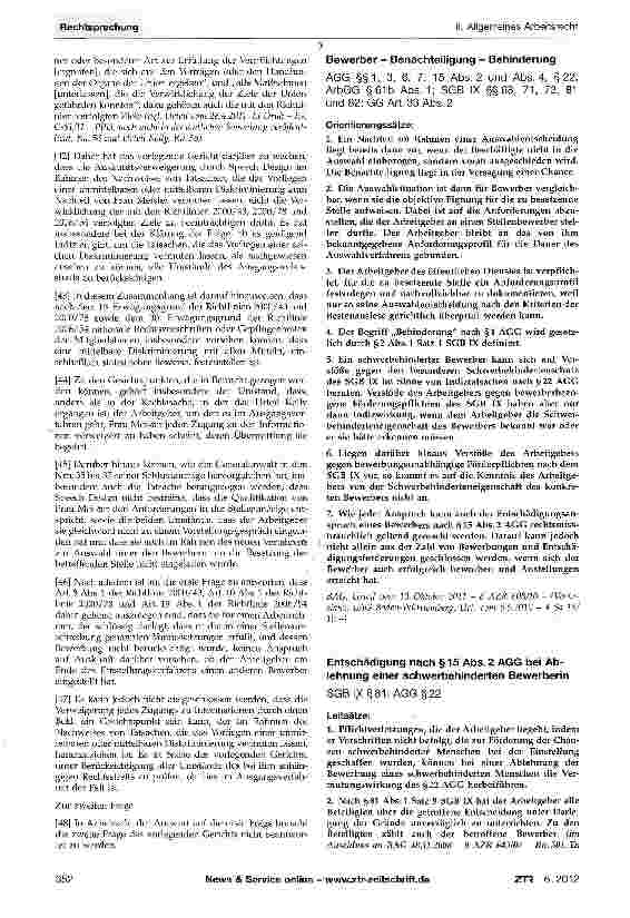 Vorschauseite 1: Entschädigung nach §15 Abs. 2 AGG bei Ablehnung einer schwerbehinderten BewerberinSGB IX §81; AGG §22