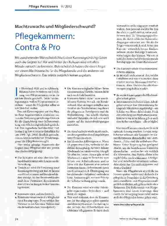 Vorschauseite 1: Machtzuwachs und Mitgliederschwund? Pflegekammern: Contra & Pro