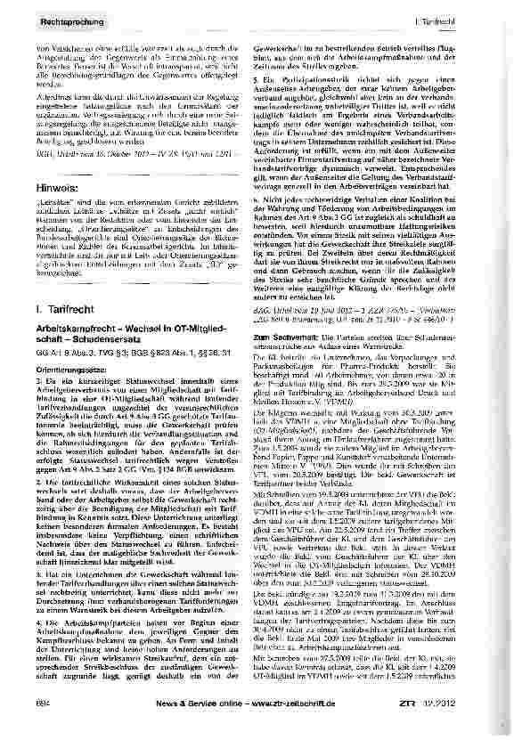 Vorschauseite 1: Arbeitskampfrecht - Wechsel in OT-Mitglied-schaft - SchadensersatzGG Art. 9 Abs. 3; TVG §3; BGB §823 Abs.1, §§26, 31
