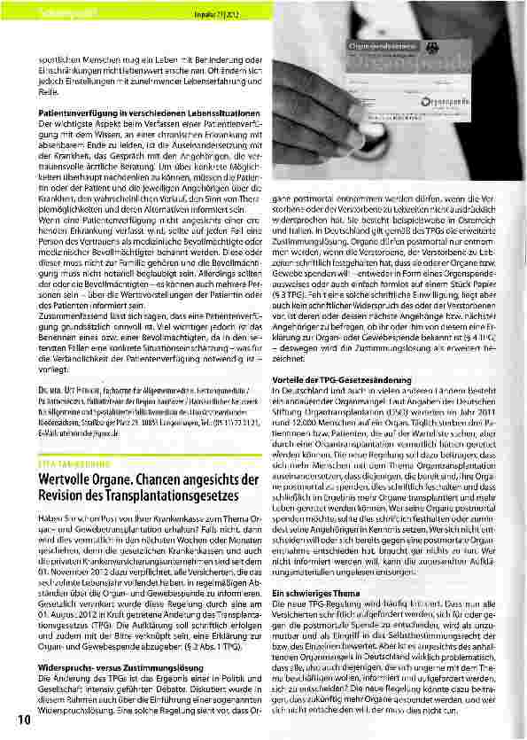 Vorschauseite 1: Wertvolle Organe. Chancen angesichts der Revision des Transplantationsgesetzes