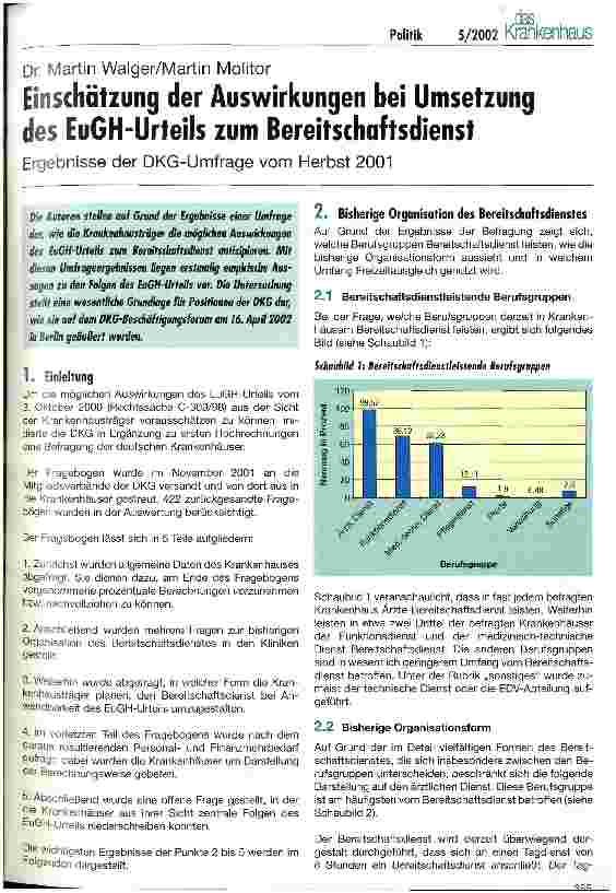 Vorschauseite 1: Einschätzung der Auswirkungen bei Umsetzung des EuGH-Urteils zum Bereitschaftsdienst Ergebnisse der DKG-Umfrage vom Herbst 2001