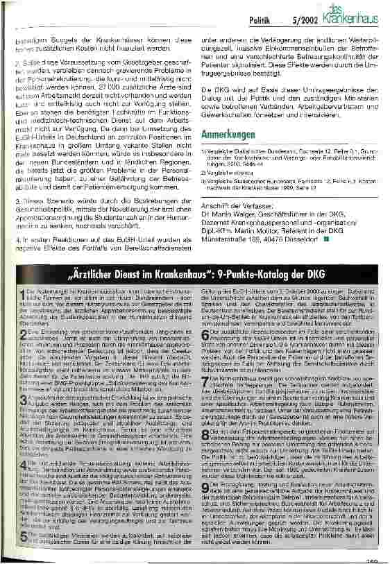 Vorschauseite 5: Einschätzung der Auswirkungen bei Umsetzung des EuGH-Urteils zum Bereitschaftsdienst Ergebnisse der DKG-Umfrage vom Herbst 2001