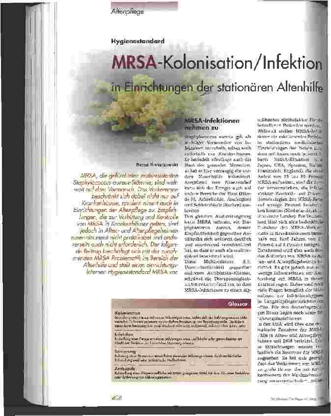 Vorschauseite 1: MRSA-Kolonisation/Infektion in Einrichtungen der stationären Altenhilfe