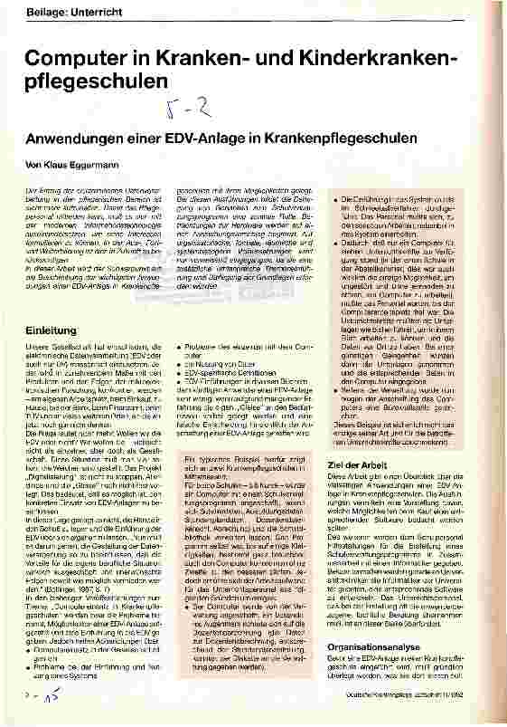 Vorschauseite 1: Computer in Krankenund Kinderkrankenpflegeschulen Anwendungen einer EDV-Anlage in Krankenpflegeschulen