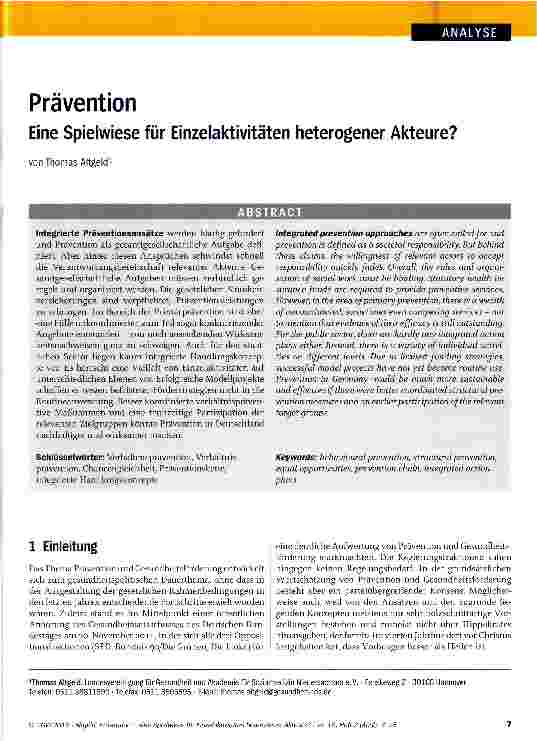 Vorschauseite 1: Prävention Eine Spielwiese für Einzelaktivitäten heterogener Akteure?