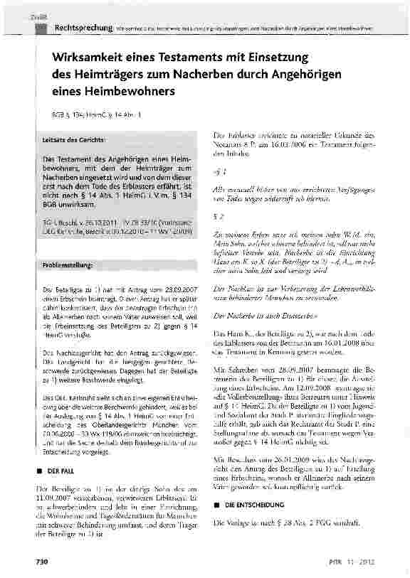 Vorschauseite 1: Wirksamkeit eines Testaments mit Einsetzung des Heimträgers zum Nacherben durch Angehörigen eines Heimbewohners BGB § 134; HeimG § 14 Abs. 1