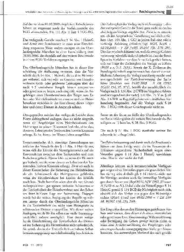 Vorschauseite 2: Wirksamkeit eines Testaments mit Einsetzung des Heimträgers zum Nacherben durch Angehörigen eines Heimbewohners BGB § 134; HeimG § 14 Abs. 1