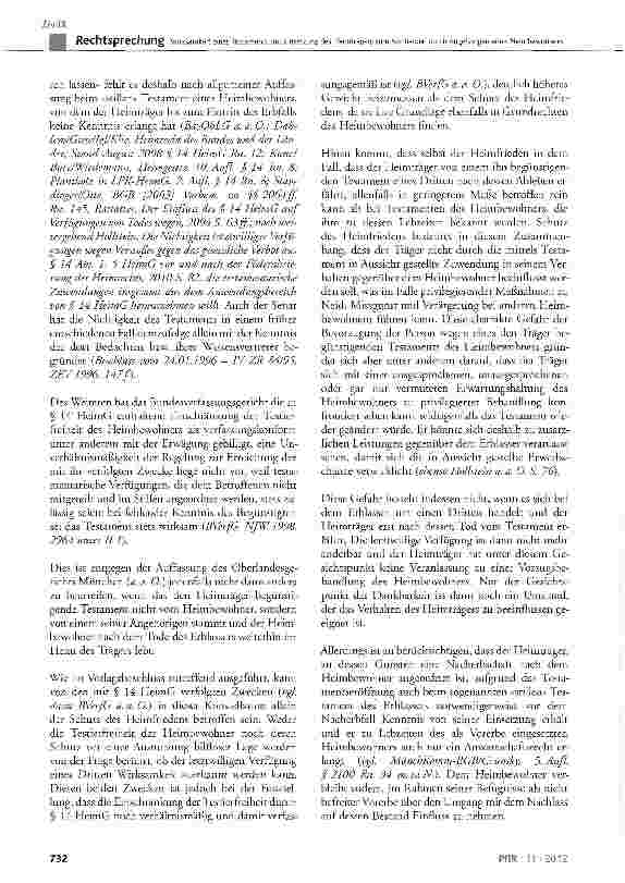 Vorschauseite 3: Wirksamkeit eines Testaments mit Einsetzung des Heimträgers zum Nacherben durch Angehörigen eines Heimbewohners BGB § 134; HeimG § 14 Abs. 1