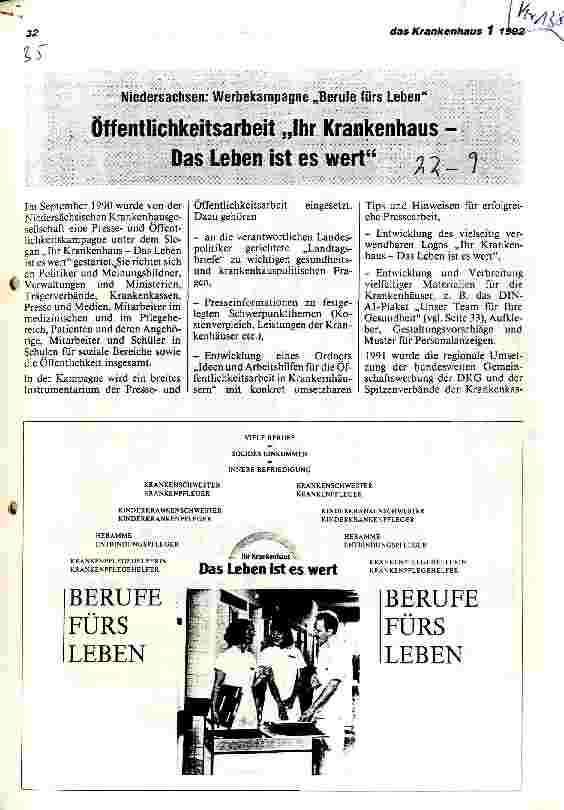 Vorschauseite 1: Niedersachsen: Werbekampagne Berufe fürs Leben Öffentlichkeitsarbeit Ihr Krankenhaus - Das Leben ist es wert