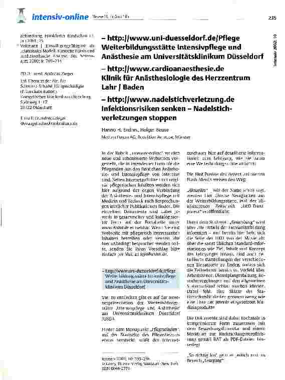 Vorschauseite 1: -http: //www. uni-duesseldorf. de/Pflege Weiterbildungsstätte Intensivpflege und Anästhesie am Universitätsklinikum Düsseldorf -http: //www. cardioanaesthesie. de; -http: //www. n…