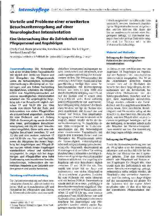 Vorschauseite 1: Vorteile und Probleme einer erweiterten Besuchszeitenregelung auf einer Neurologischen Intensivstation