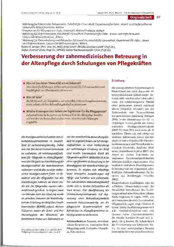 Vorschauseite 1: Verbesserung der zahnmedizinischen Betreuung in der Altenpflege durch Schulungen von Pflegekräften
