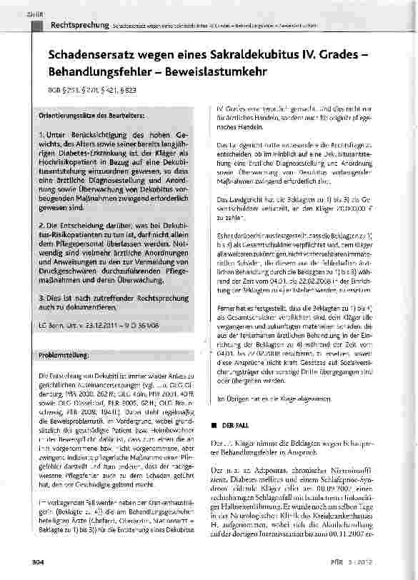 Vorschauseite 1: Schadensersatz wegen eines Sakraldekubitus IV. Grades Behandlungsfehler - Beweislastumkehr BGB §253, §278, §421, §823