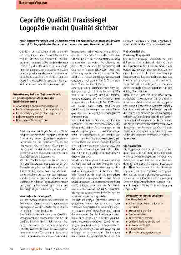 Vorschauseite 1: Geprüfte Qualität: Praxissiegel Logopädie macht Qualität sichtbar