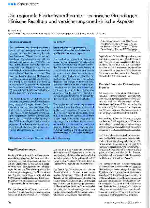 Vorschauseite 1: Die regionale Elektrohyperthermie - technische Grundlagen, klinische Resultate und versicherungsmedizinische Aspekte