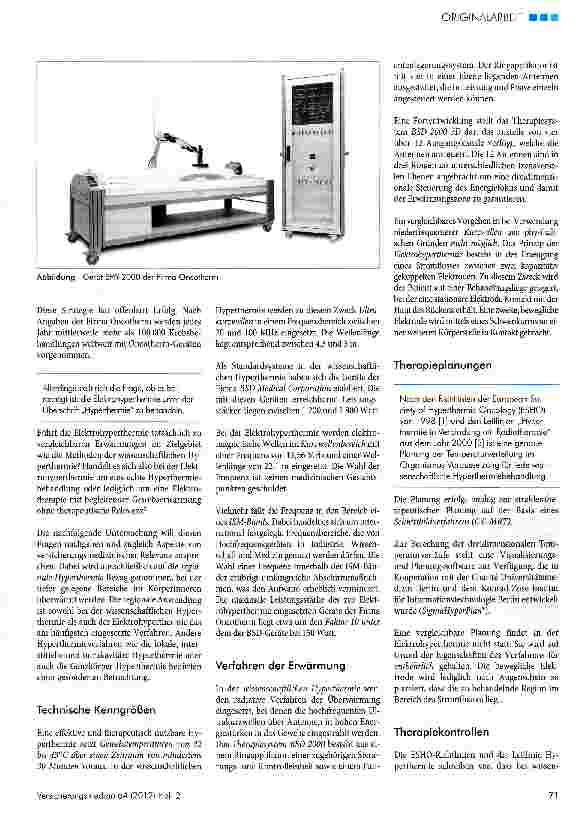 Vorschauseite 2: Die regionale Elektrohyperthermie - technische Grundlagen, klinische Resultate und versicherungsmedizinische Aspekte