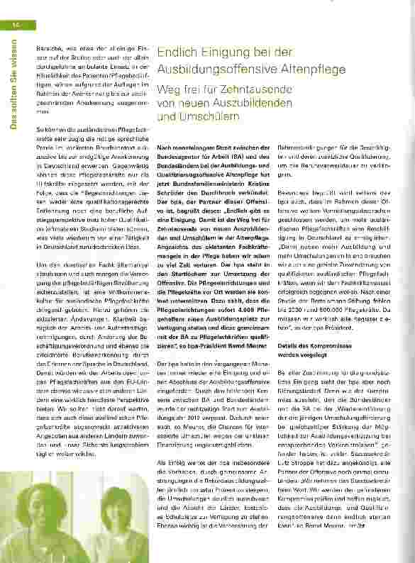 Vorschauseite 1: Endlich Einigung bei der Ausbildungsoffensive Altenpflege Weg frei für Zehntausende von neuen Auszubildenden und Umschülern