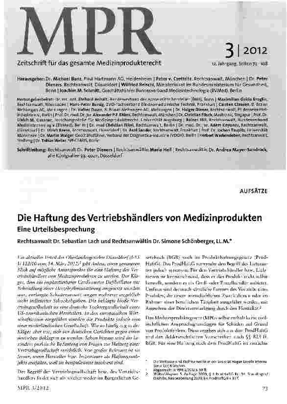 Vorschauseite 1: Die Haftung des Vertriebshändlers von Medizinprodukten
