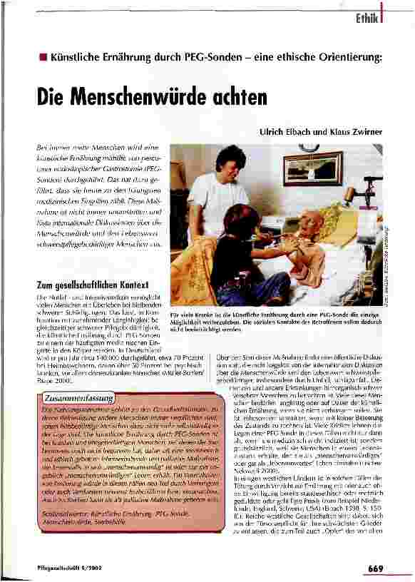 Vorschauseite 1: Die Menschenwürde achten Künstliche Ernährung durch PEG-Sonden - eine ethische Orientierung