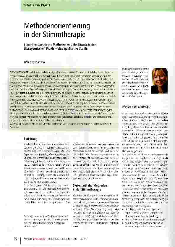Vorschauseite 1: Methodenorientierung in der StimmtherapieStimmtherapeutische Methoden und ihr Einsatz in der therapeutischen Praxis - eine qualitative Studie