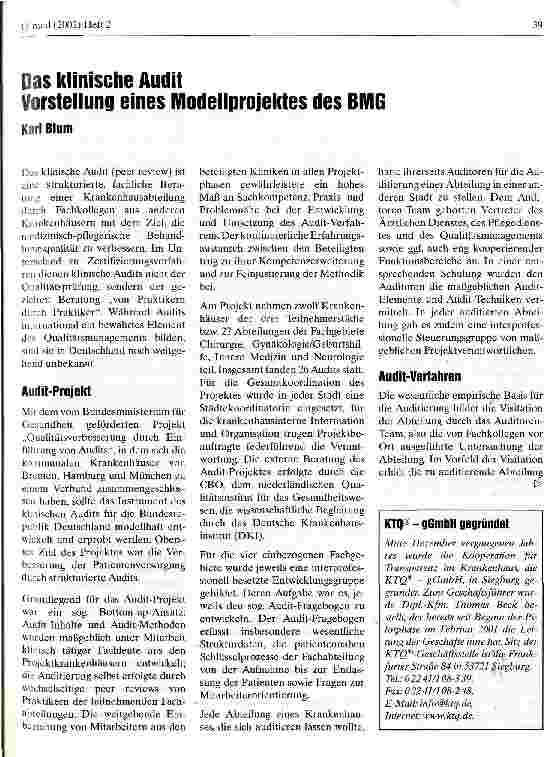 Vorschauseite 1: Das klinische Audit Vorstellung eines Modellprojektes des BMG