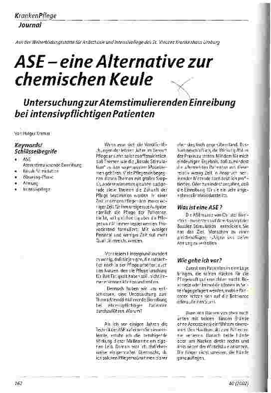 Vorschauseite 1: ASE - eine Alternative zur chemischen Keule Untersuchung zur Atemstimulierenden Einreibung bei intensivpflichtigen Patienten